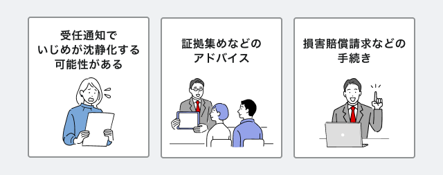 いじめ問題解決のために弁護士ができること3つの図。受任通知を送るほか、証拠集めのアドバイスや請求手続きを行ってくれる。