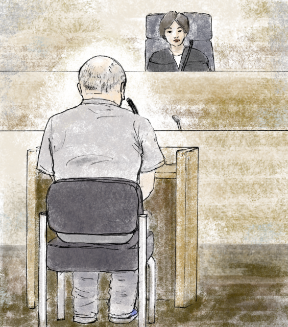 証言台で裁判官と向き合う田口被告（画：Minami）