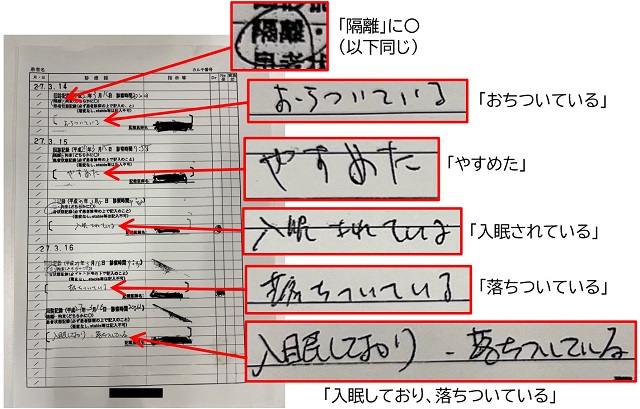 【画像】A病院で4年間隔離室に収容されていた乙さんのカルテ（2015年3月14日～16日）（相原弁護士提供）